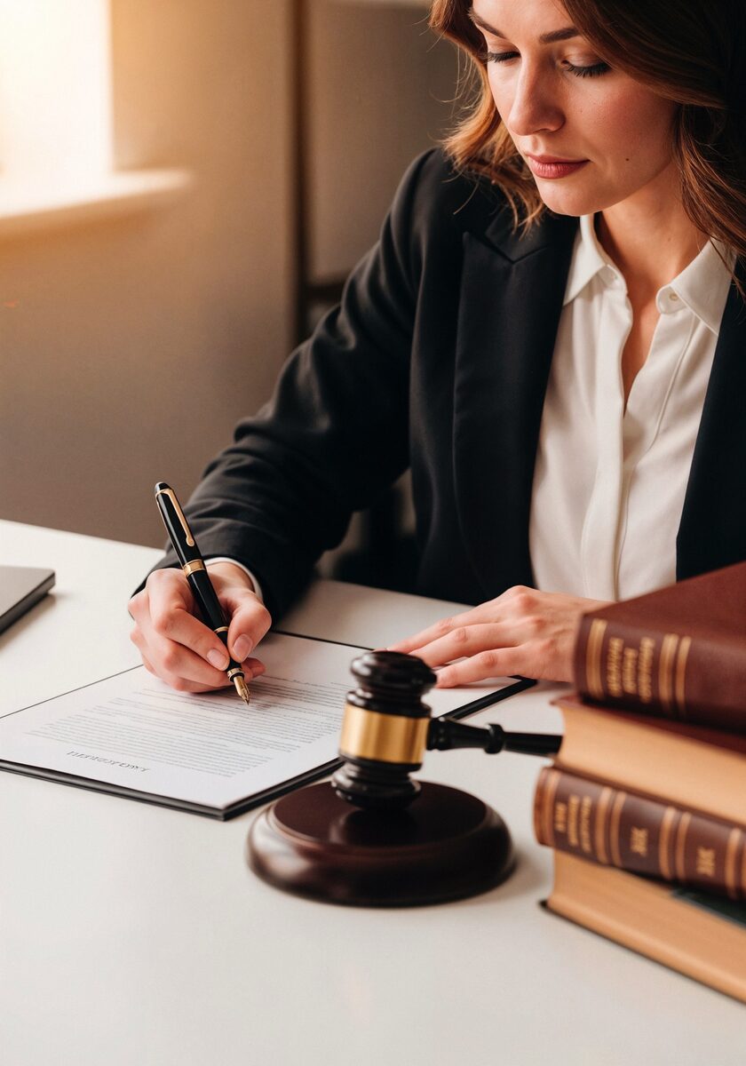 Profesional jurídica revisando documentación contractual